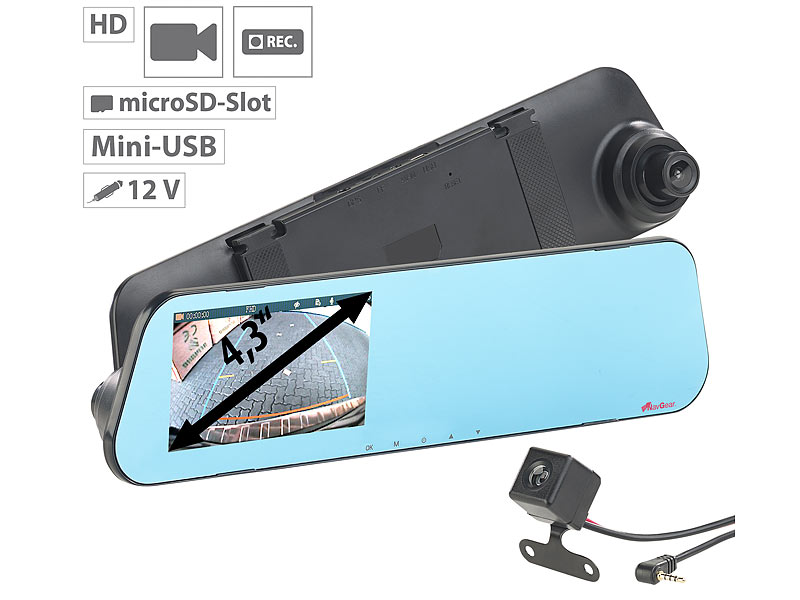 ; HD-Rückspiegel-Dashcam mit Rückfahr-Kamera 