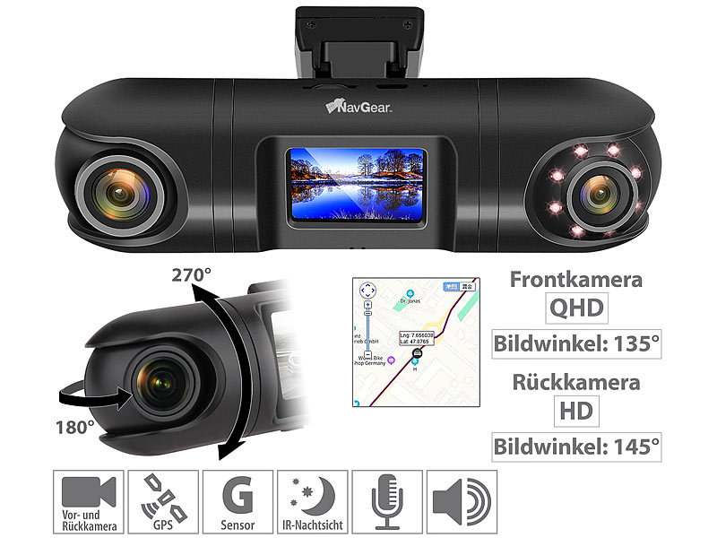 NavGear QHD-Dual-Dashcam mit 2 Kameras, Versandrückläufer